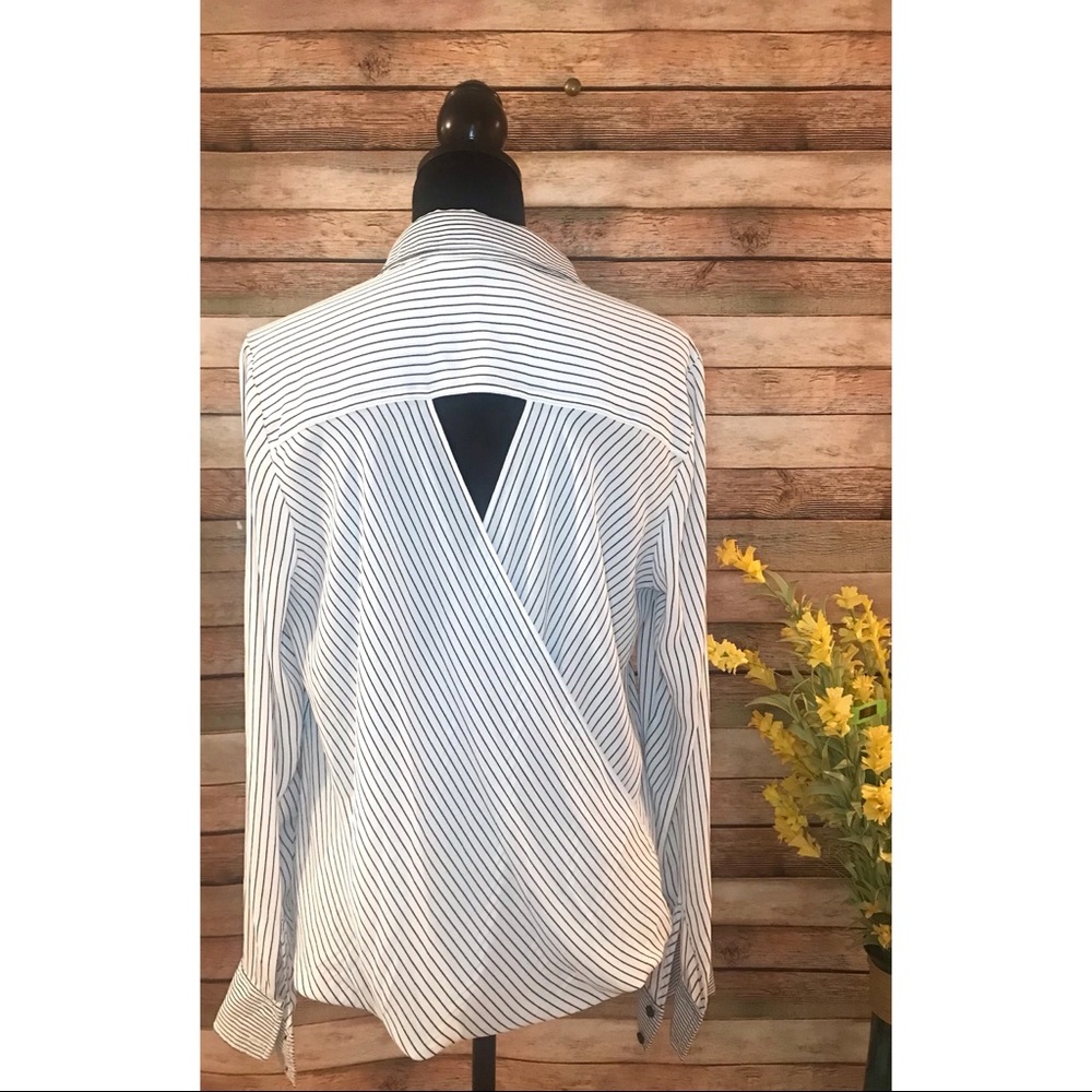 White House Black Market Striped Wrap Button Top12